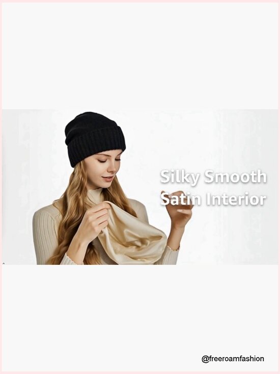 Satin Lined Beanie for Women Winter Hat Cuffed Slouchy Knit Hat Hair Protection